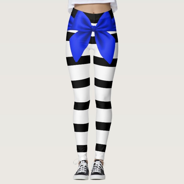 Leggings Bandas negras y blancas, bordes azules (Anverso)