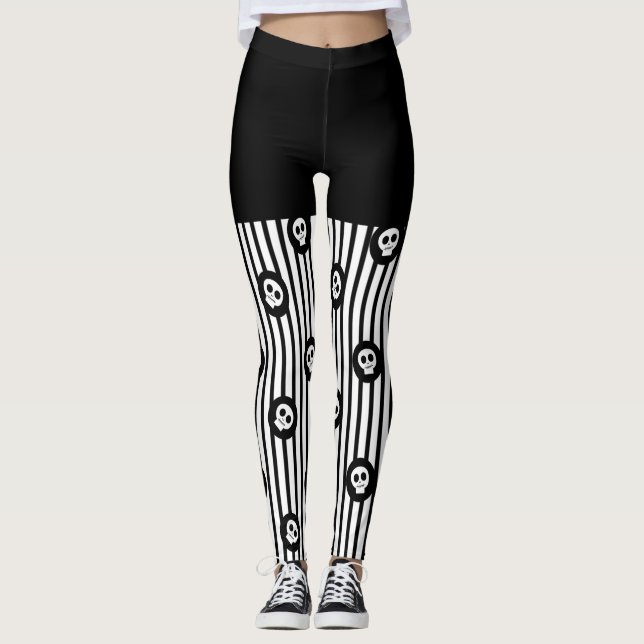 Leggings Bandas negras y blancas y pequeñas calaveras Hallo (Anverso)