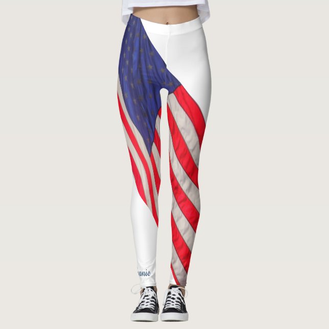 Leggings Bandera estadounidense en fondo blanco con nombre (Anverso)