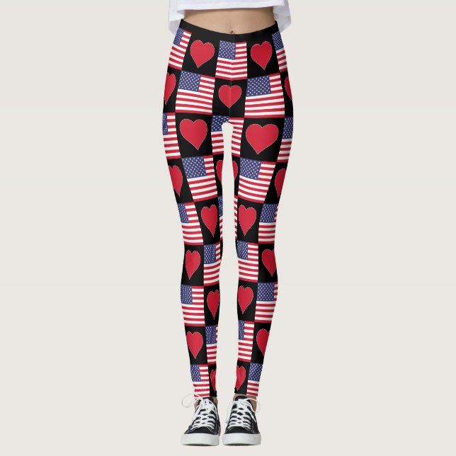 Leggings Bandera estadounidense patriótica del corazón de E (Anverso)