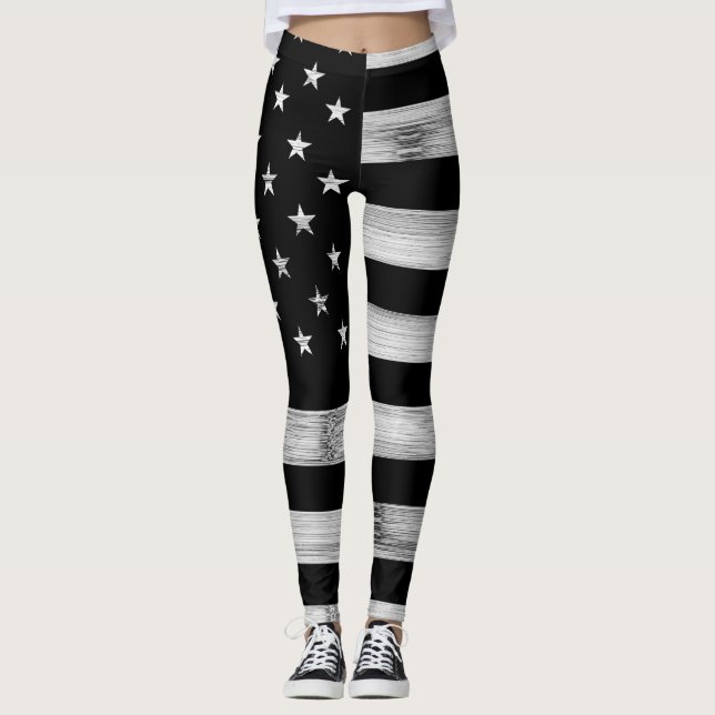Leggings Bandera estadounidense Rustic Wood Black White Pat (Anverso)
