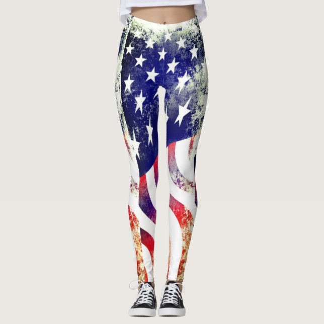 Leggings Bandera patriotica estadounidense agobiada (Anverso)