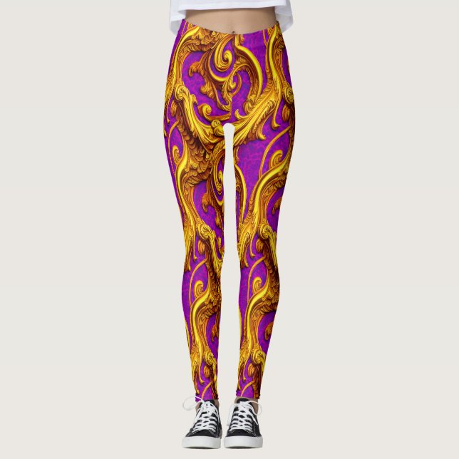 Leggings Baroque Rococo Golden Purple Filagree Design (Anverso)