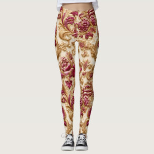 Leggings Barroco Floral de Lujo Dorado y Burdeos