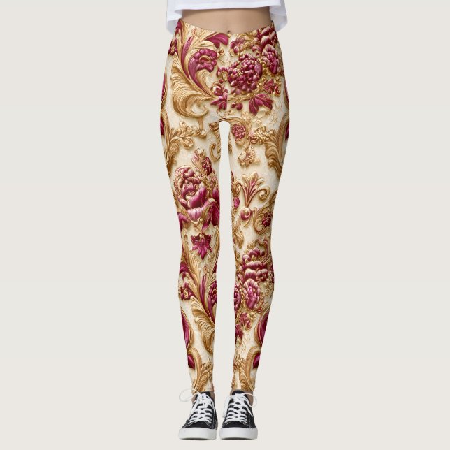 Leggings Barroco Floral de Lujo Dorado y Burdeos (Anverso)