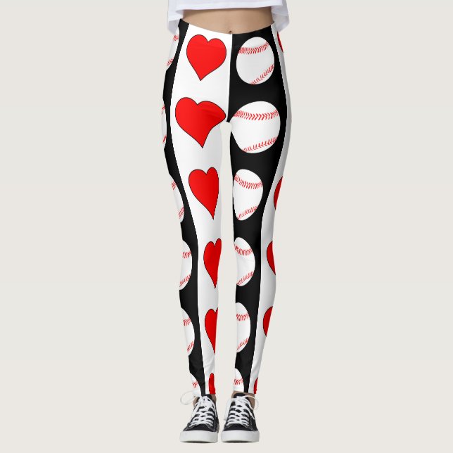 Leggings Baseballs & Hearts Patrón vertical negro y blanco (Anverso)