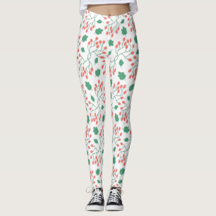 Leggings Bayas rojas y patrón de hojas verdes