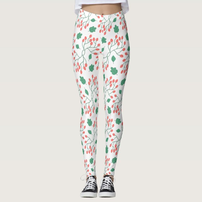 Leggings Bayas rojas y patrón de hojas verdes (Anverso)