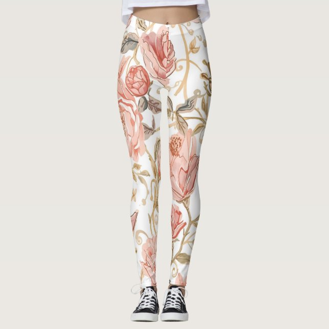 Leggings Beautiful  Pink Roses ,Gold , Luxury elegant (Anverso)