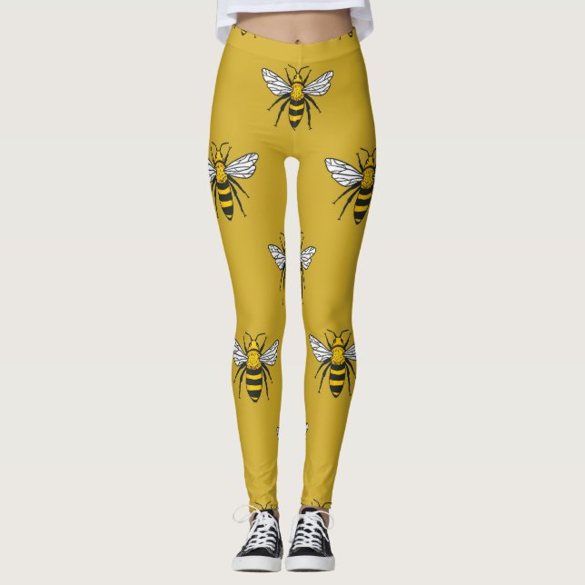 Leggings Bee Haven: Patrón amarillo vintage (Anverso)