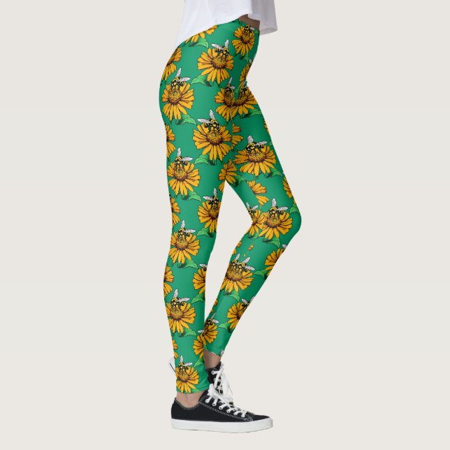 Leggings Bee on Sunflower Flower Pattern Design Green  (Derecha)