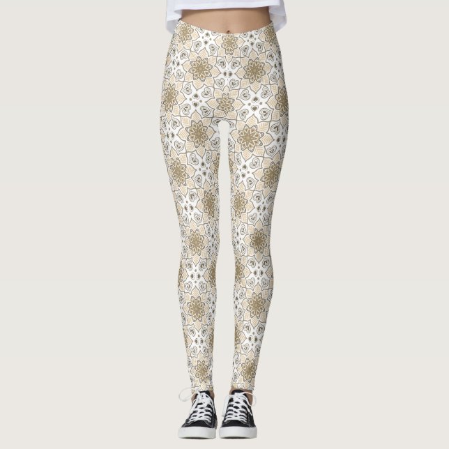 Leggings Beige Floral Mandala Patrón de Batik Círculo (Anverso)