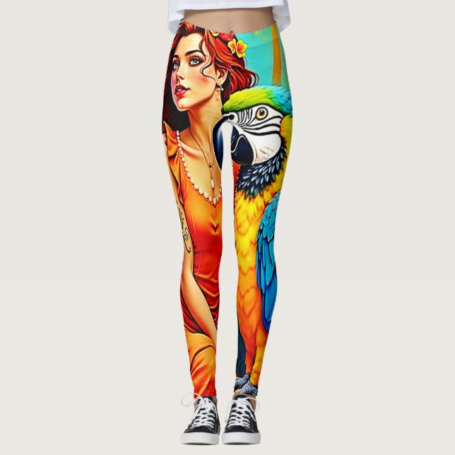 Leggings Belleza tropical y diseño de loro azul (Anverso)