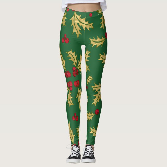 Leggings Berries y hojas de Red & Gold Holly en acuarela (Anverso)