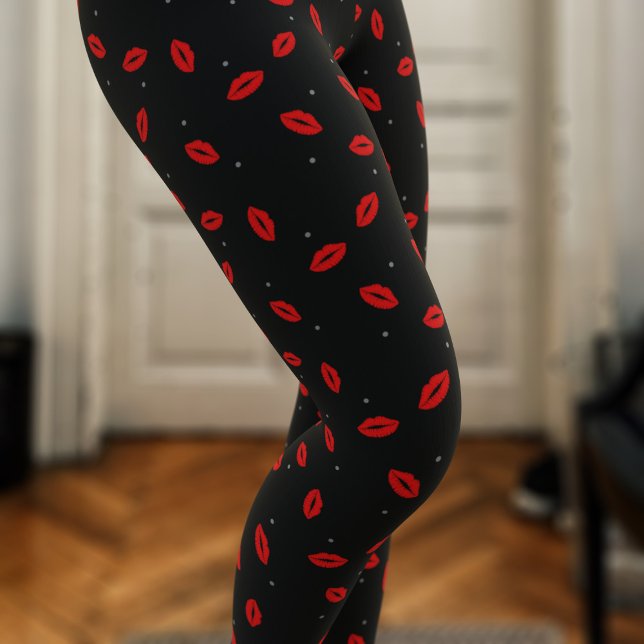 Leggings Beso de lápiz labial de labios rojos (Cute red lipstick kisses on a dotty pair of black leggings. Perfect just for you!)