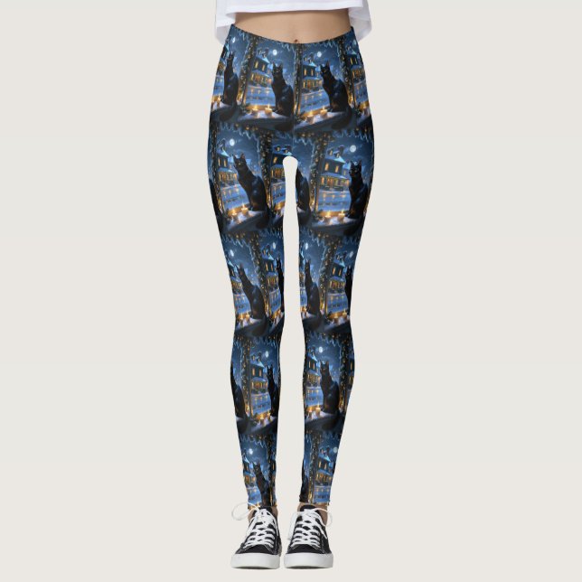 Leggings Black Cat With Christmas Lights Holiday (Anverso)