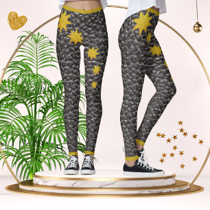 Leggings Black Faux Leather Texture Gold Stars Trendy