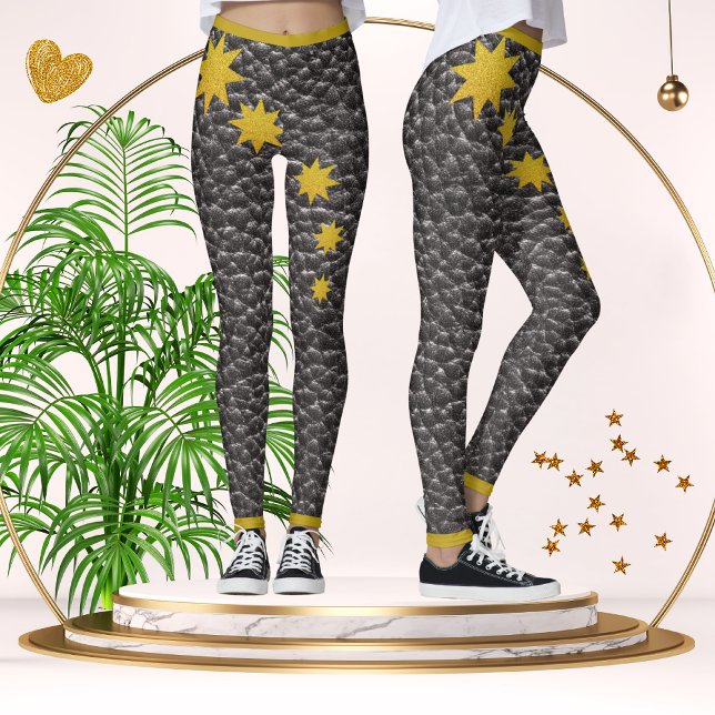 Leggings Black Faux Leather Texture Gold Stars Trendy (Subido por el creador)