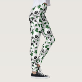 Leggings black green team colors soccer balls pattern