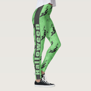Leggings Black Halloween Witness Brooms Green Pattern