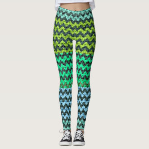 Leggings Black Mint Green Chevron Pattern Burlap Look