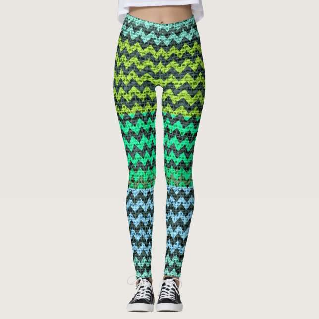 Leggings Black Mint Green Chevron Pattern Burlap Look (Anverso)