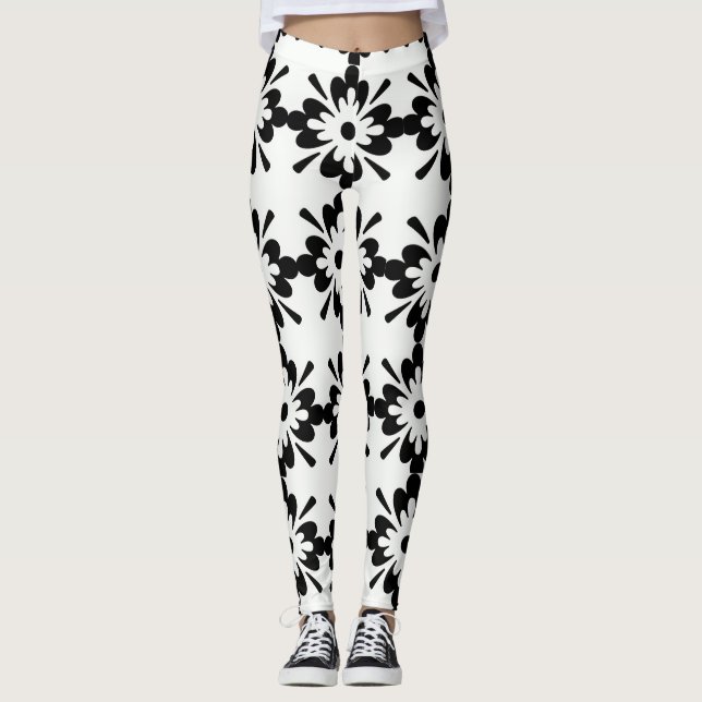 Leggings Black n White Big Floral Design (Anverso)