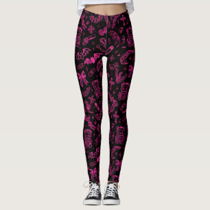 Leggings Black Pink Goth Doodle Murciélagos Lazos