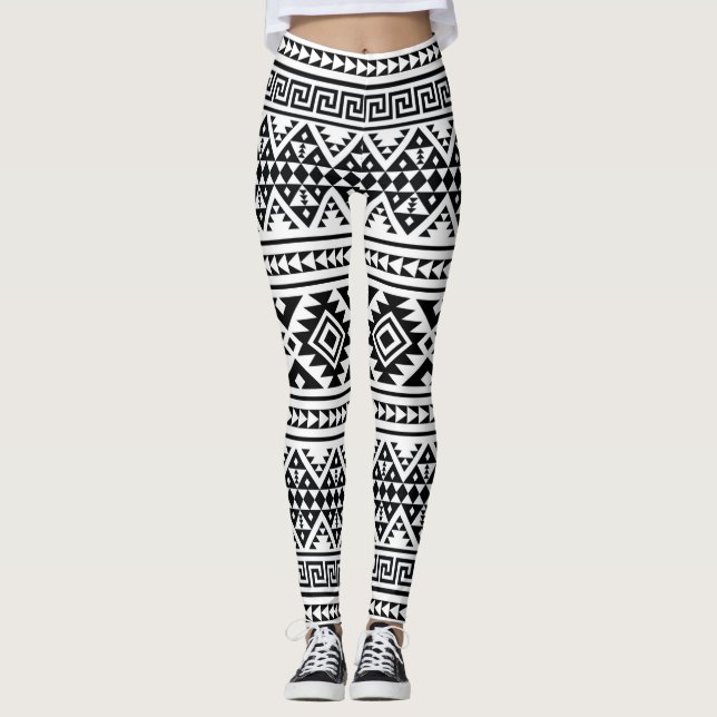 Leggings Black White Geometric Tribal Pattern Aztec Boho (Anverso)