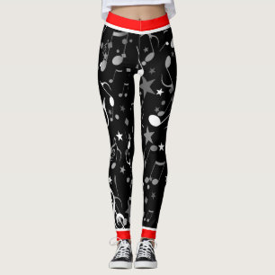 Leggings Black White Gray Music Notes y Red Trim on BLACK