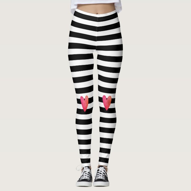 Leggings Black White Stripe Trendy Pink Heart Valentine (Anverso)