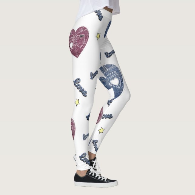 Leggings blanco con corazones de azul jeans (Derecha)