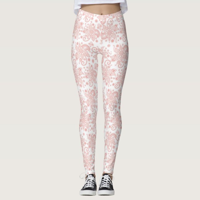 Leggings Blanco con un patrón de encaje floral rosado (Anverso)