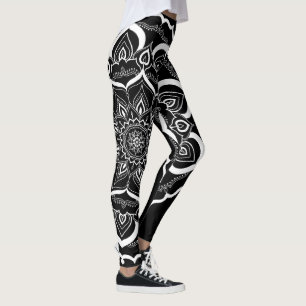 Leggings Blanco dibujado mano bohemia del negro de la