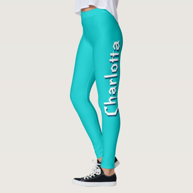 Leggings Blanco moderno 3D Nombre personalizado | Azul turq (Izquierda)