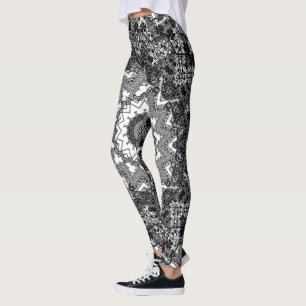 Leggings Blanco negro, calabaza, mandala