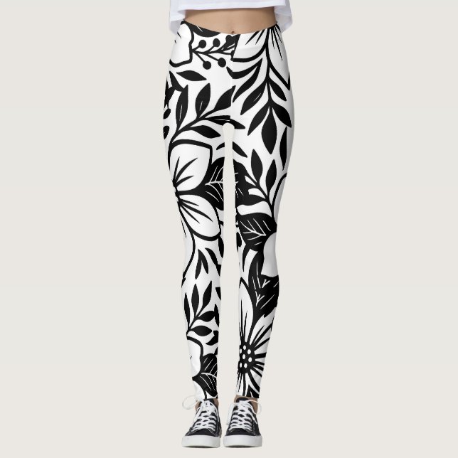 Leggings Blanco Negro Moderno Floral Elegante Flor Tropical (Anverso)
