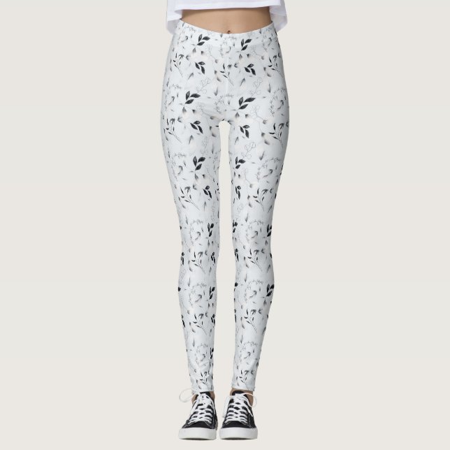 Leggings Blanco Negro Plateado Gris Flores Hojas  (Anverso)
