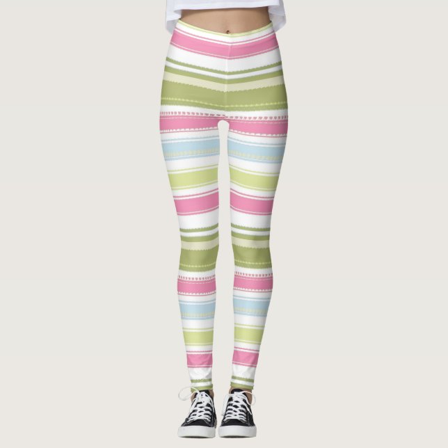 Leggings Blanco, rosa, azul y verde rayado (Anverso)