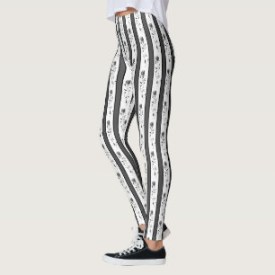 Leggings Blanco y negro gris vintage rayado con rosas
