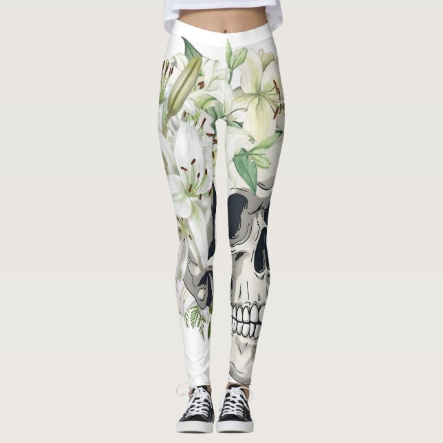 Leggings Bloom silencioso: Calaveras y lirios blancos (Anverso)