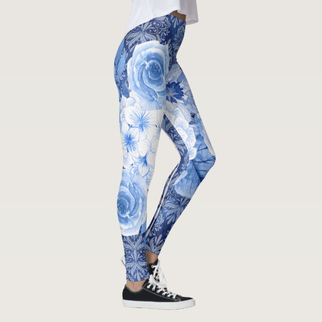 Leggings ¡Blossom en estilo! Impresión de flor azul de moda (Derecha)