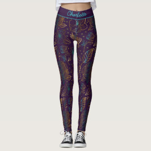 Leggings Blossom floral patrón púrpura nombre personalizado