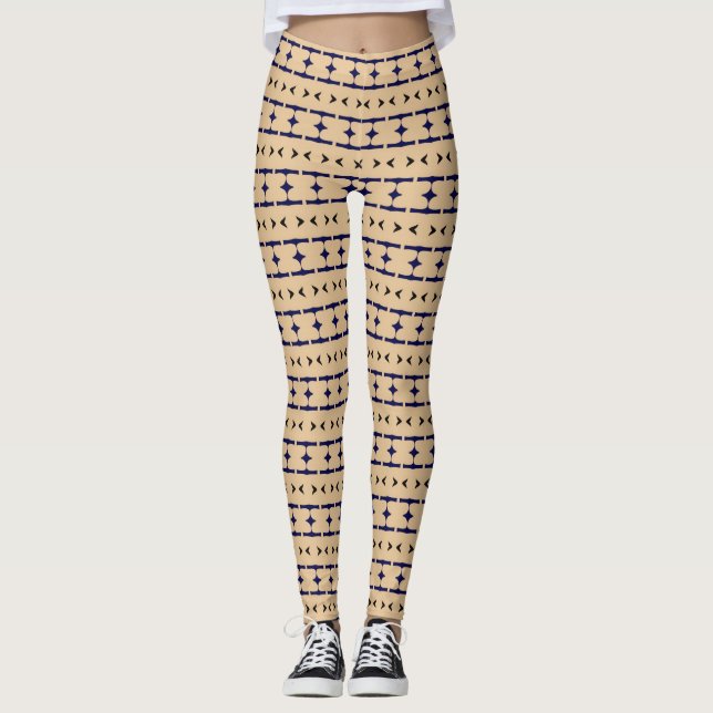 Leggings Blue and black tribal patterns on khaki coloured (Anverso)