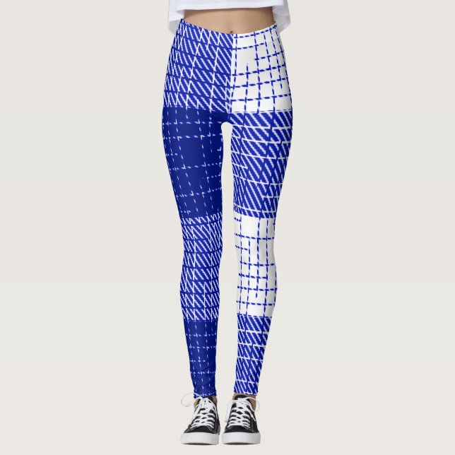 Leggings Blue and White Bold Checkered Plaid Design  (Anverso)