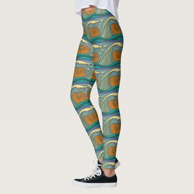 Leggings Blue Ocean Waves Nautilus Seashell Pattern Nouveau (Izquierda)