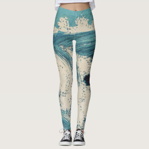 Leggings Blue Ocean Waves Woodcut Japonés