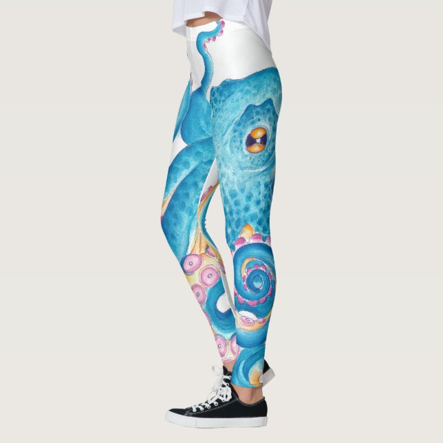 Leggings Blue Octopus Orange Pink Watercolor Art (Izquierda)