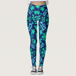 Leggings Blue Retro Style Floral and Sun Symbol Pattern