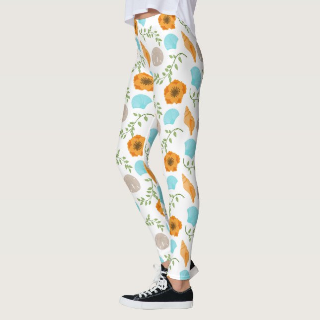 Leggings Blue Seashells Sea Snail Orange Flower (Izquierda)